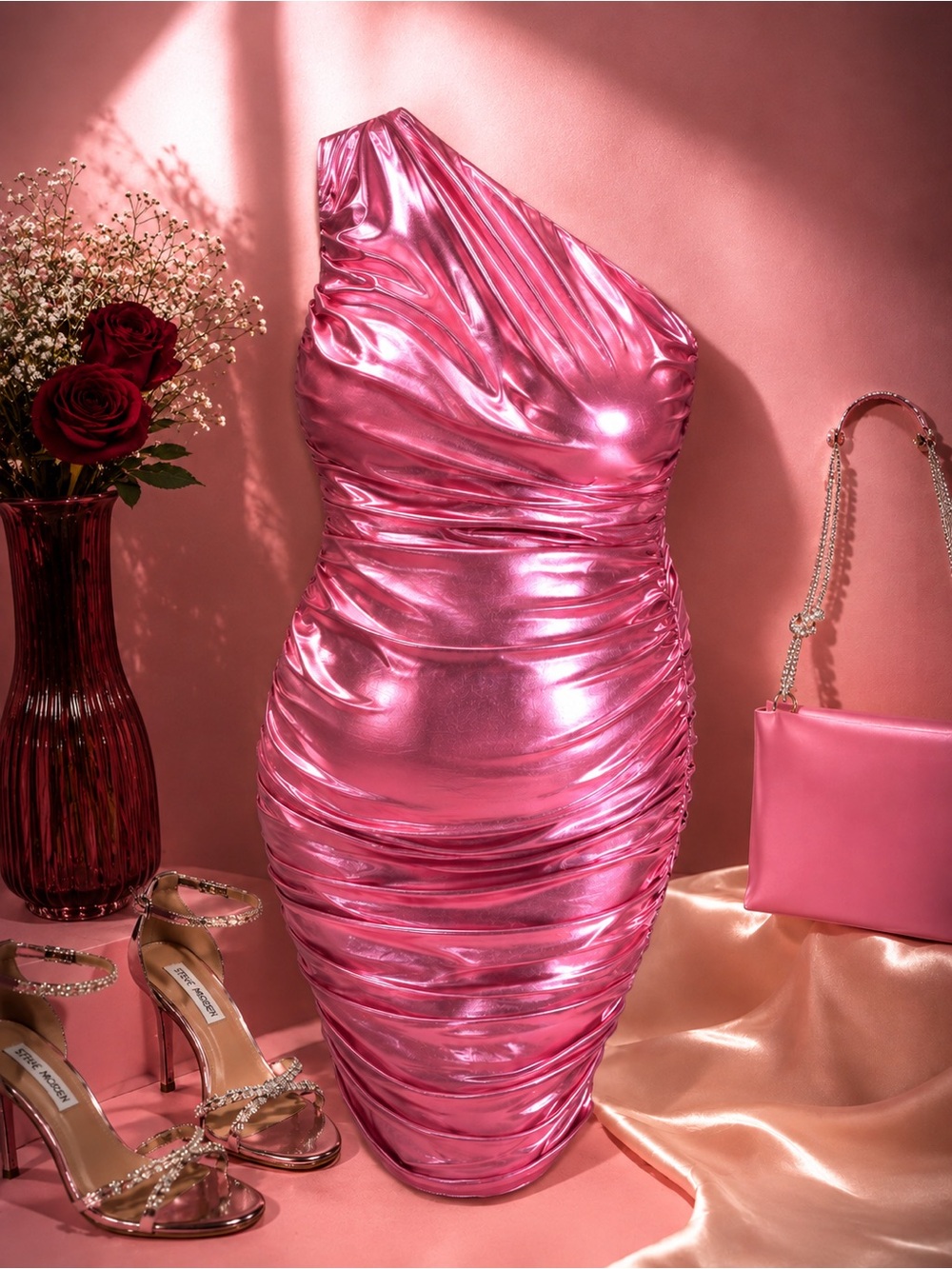 One-Shoulder Metallic Pink Ruched Bodycon Dress